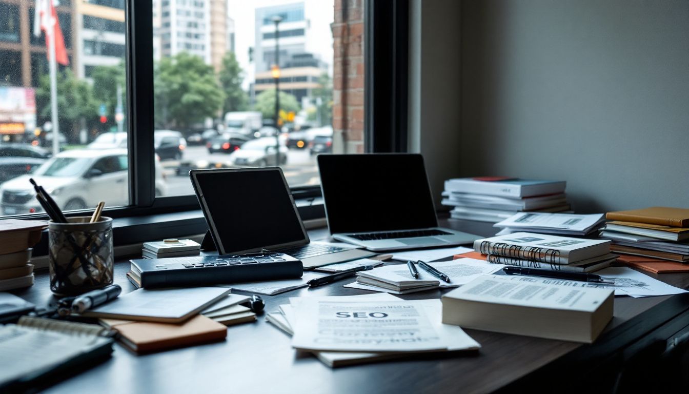 desk with laptops and seo documents