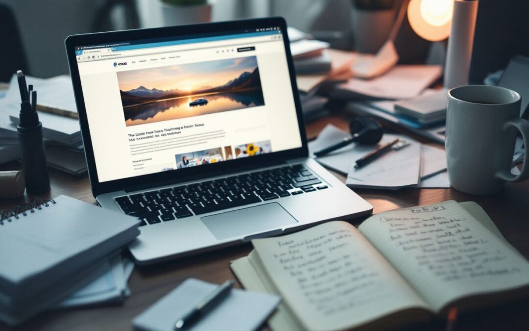 working on laptop writing web content