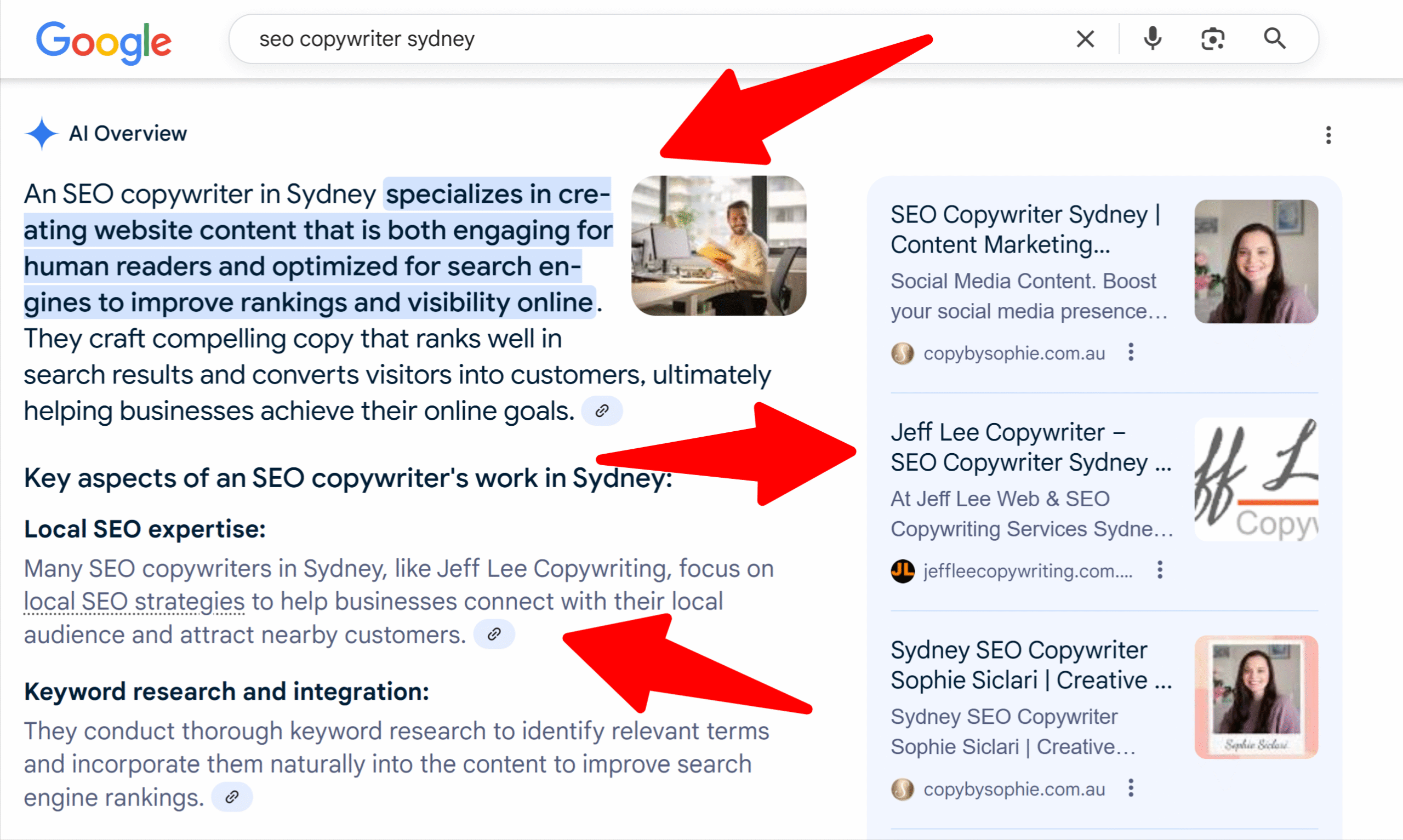 Jeff Lee copywriting in Google AI Overviews